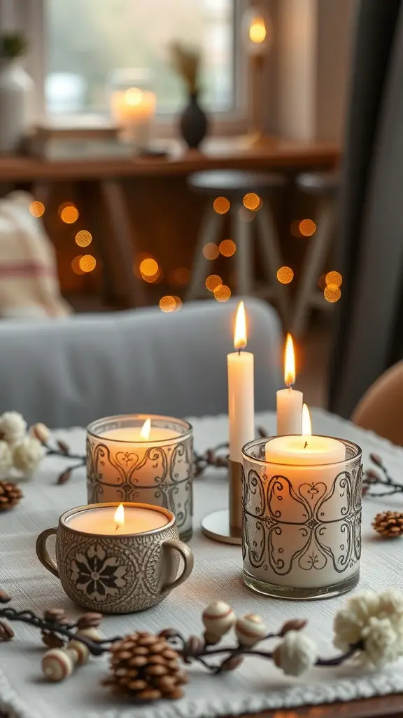 17 Creative Coffee Baby Shower Ideas You’ll Love 12 A cozy setup of coffee scented candles on a table with a warm atmosphere.