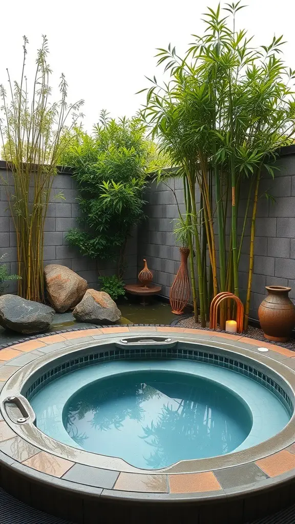 A serene hot tub surrounded by bamboo and rocks in a Zen garden setting.