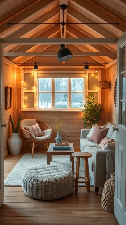 15 Creative DIY Shed Plans for Your Backyard Oasis 8 Cozy interior of a she-shed with warm lighting, comfortable seating, and decorative elements.