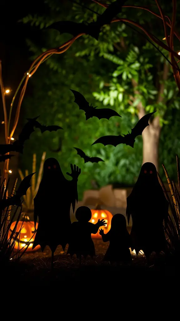 23+ Spooky DIY Outdoor Halloween Decorations to Enchant Your Yard 8 Spooky silhouette cutouts of ghosts and bats in a Halloween outdoor setting