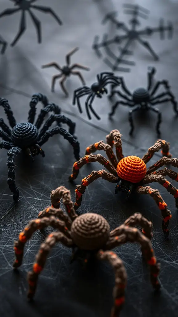 23+ Spooktacular Halloween Crochet Ideas You Need to Try 9 A collection of crocheted spiders in various colors and designs, perfect for Halloween decorations.