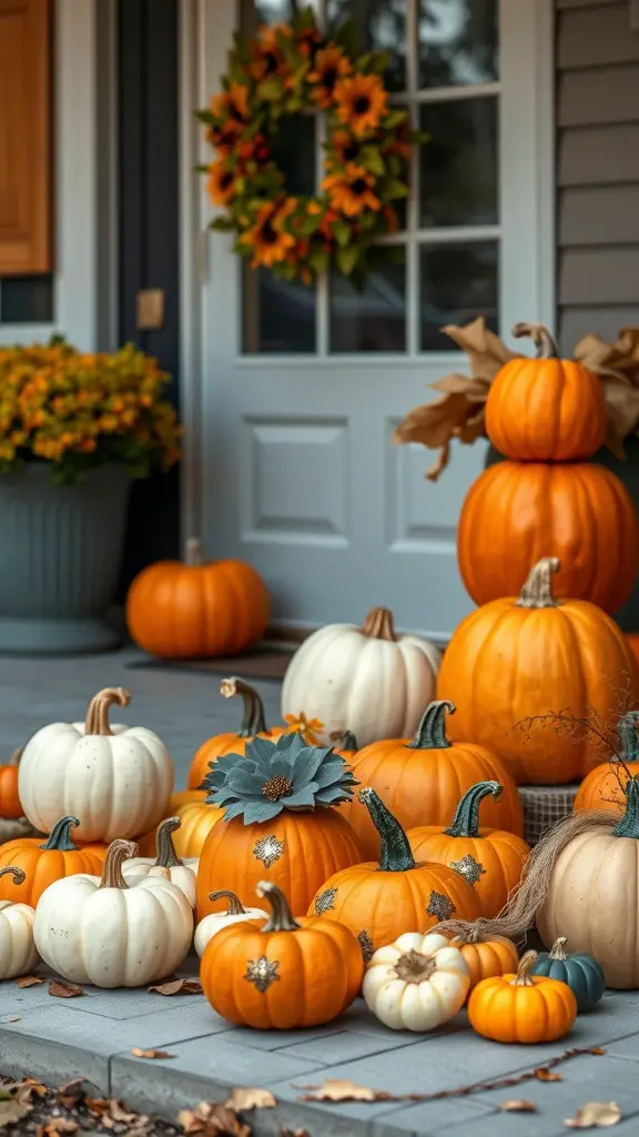 25+ Stunning Fall Front Door Decor Ideas to Transform Your Home 8 A charming arrangement of pumpkins in various sizes and colors at a front door, complemented by a wreath and potted flowers.