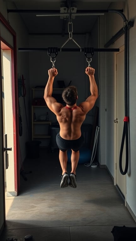 19 Home Gym Ideas for Small Garages: Maximize Your Space with These Creative Solutions 6 A person using a suspension trainer in a small gym setup.