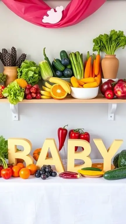 29+ Homegrown Baby Shower Theme Ideas with 15 Must-Have Items 6 A colorful display of fruits and vegetables with the word 'BABY' in large letters, set up for a baby shower.