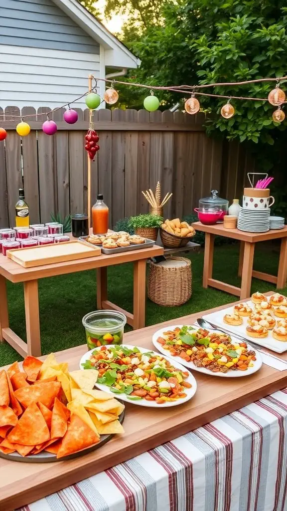 21+ Backyard Engagement Party Ideas for an Unforgettable Celebration 14 A backyard food station with various dishes including mini pizzas, nachos, and fresh salads.