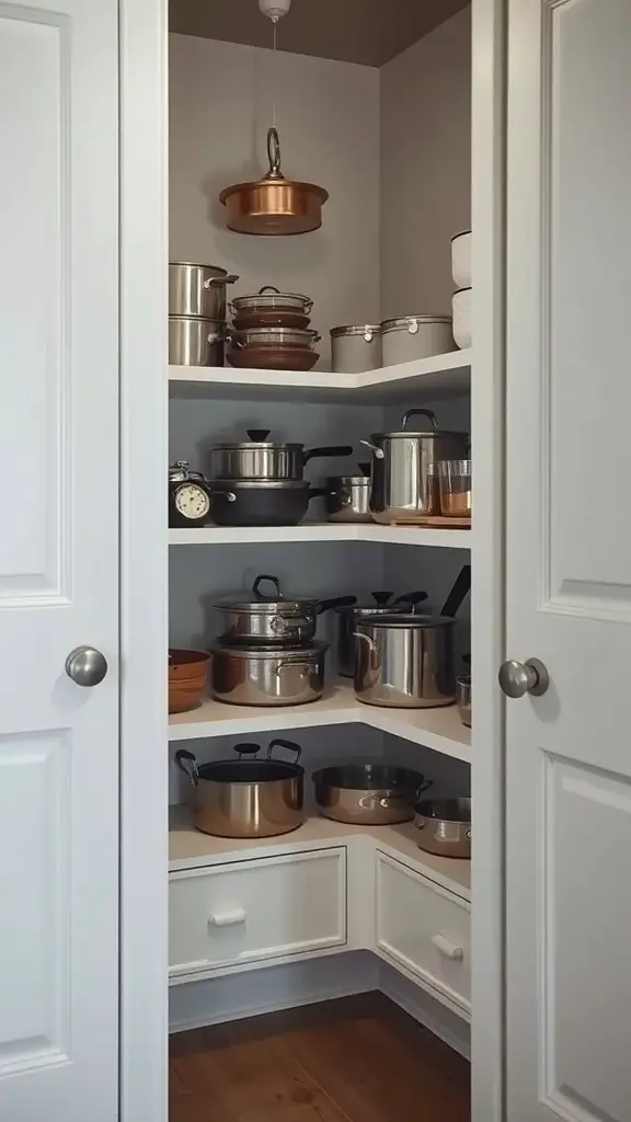 17+ Creative L Shaped Pantry Ideas for Your Kitchen 7 An organized L-shaped pantry with corner shelves displaying various cookware.