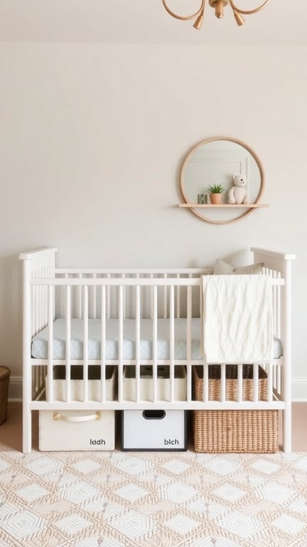 33+ Creative Nursery Organization Ideas for a Clutter-Free Space 7 A nursery featuring a crib with organized under-crib storage, including baskets and boxes.