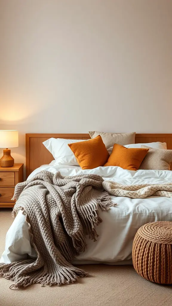A cozy bedroom featuring warm textiles, including a chunky knit blanket, soft pillows, and a warm lamp.