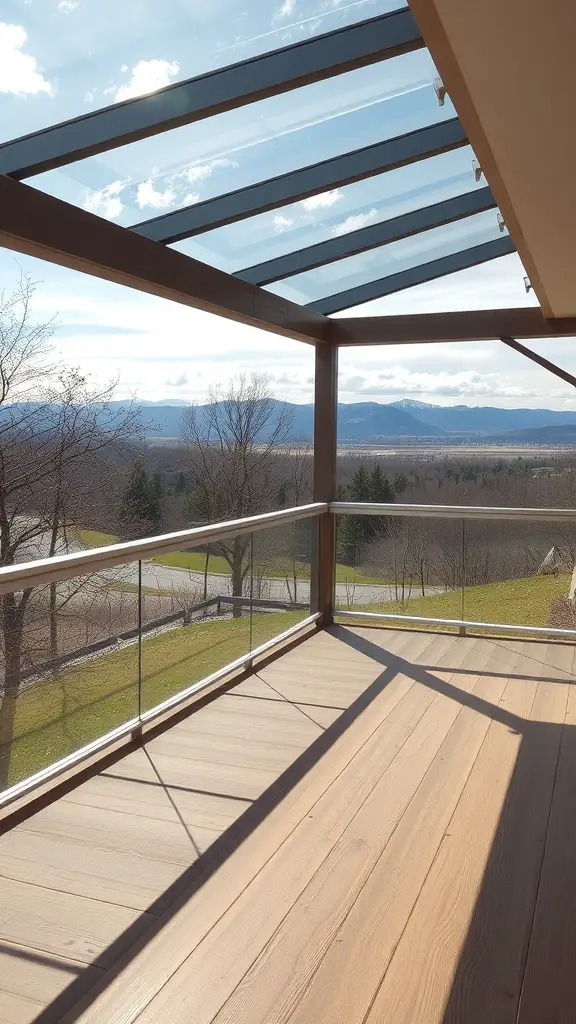 21+ Must-Have Features for Your Covered Deck Oasis 17 A covered deck with glass railings and a scenic view of mountains and trees.