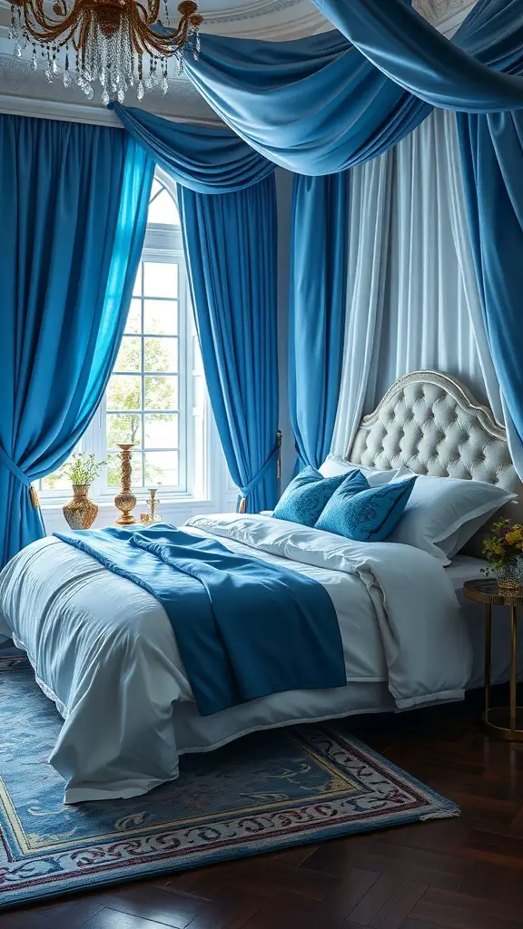 Luxurious blue and white bedroom with silk textiles, elegant bed, and chandelier