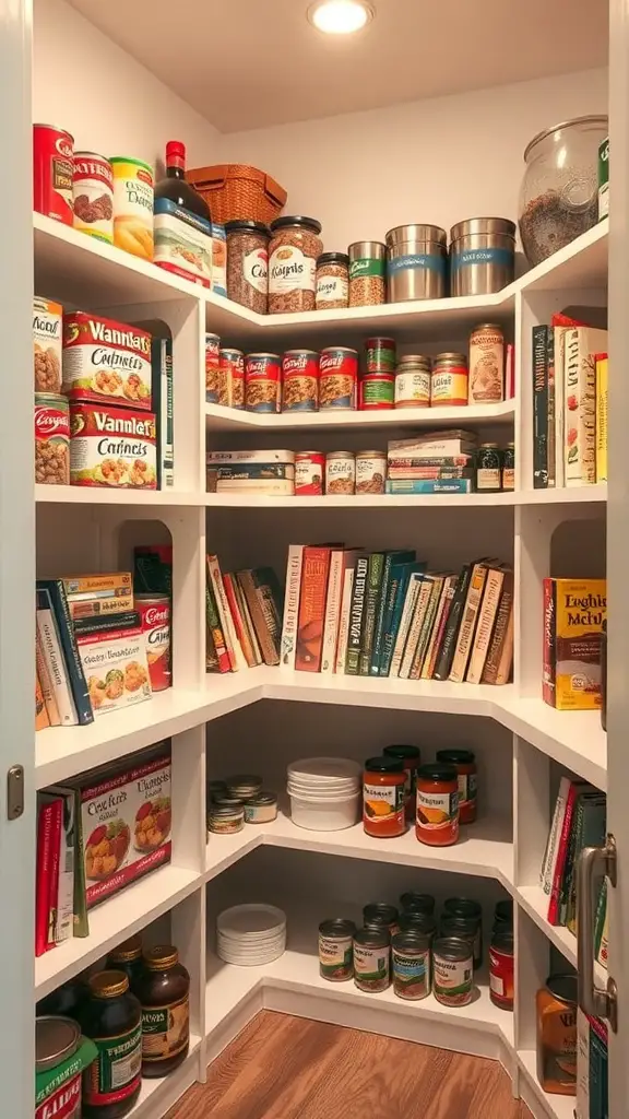 17+ Stylish DIY Pantry Shelf Ideas to Organize Your Space 8 A well-organized corner pantry with shelves filled with canned goods, spices, and cookbooks.