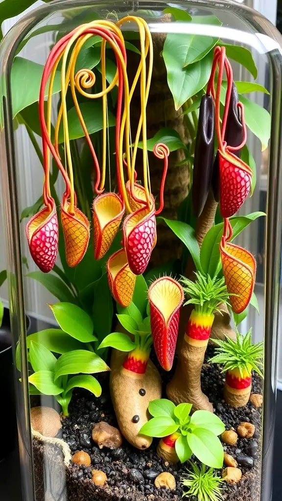 A close-up of Nepenthes pitcher plants hanging among lush green foliage in a terrarium.