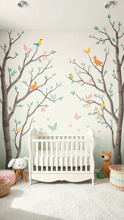 27+ Whimsical Baby Nursery Ideas for a Dreamy Space 5 A whimsical nursery with an enchanted forest theme featuring trees, birds, and butterflies on the walls, a white crib, and plush toys.