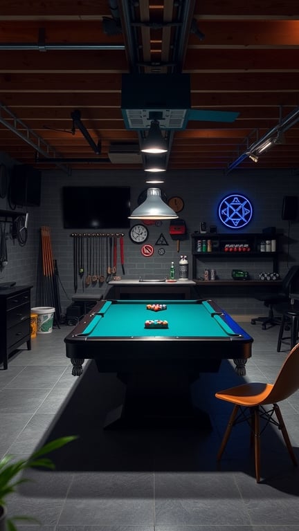 19+ Ultimate Garage Man Cave Ideas You Need to See 12 A stylish game table setup in a garage man cave featuring a pool table, overhead lighting, and modern decor.