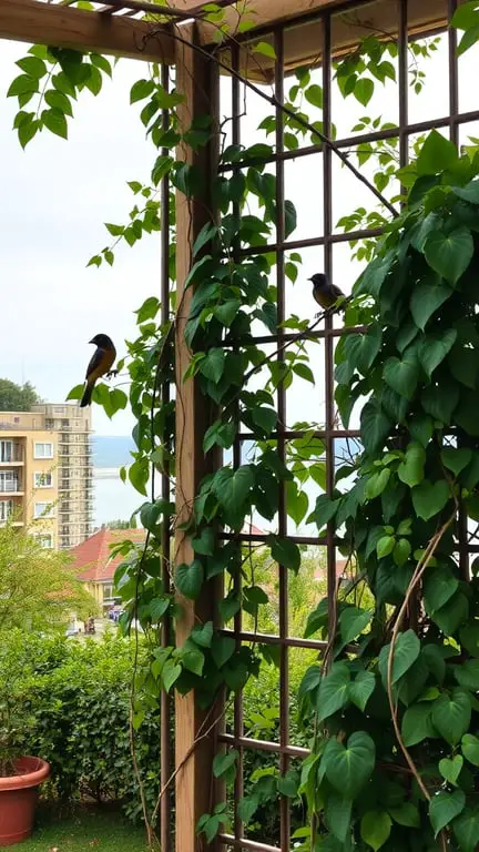 19+ Essential Tips for Creating a Bird-Friendly Garden 4 A trellis covered with climbing plants and two birds perched on it.