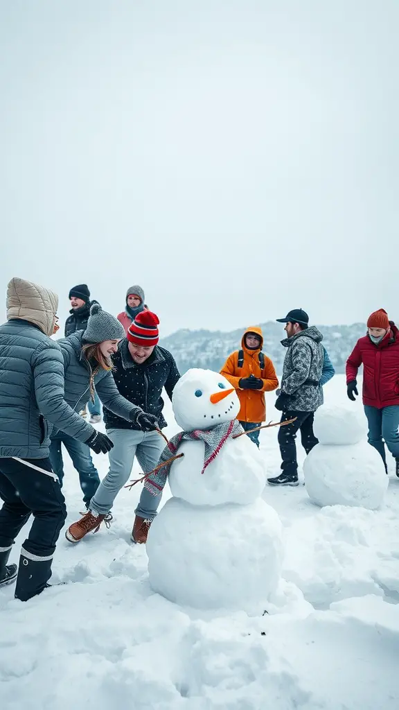 21+ Fun Winter Birthday Party Ideas for All Ages 8 A group of people enjoying a snowy outdoor party, building a snowman and having fun.