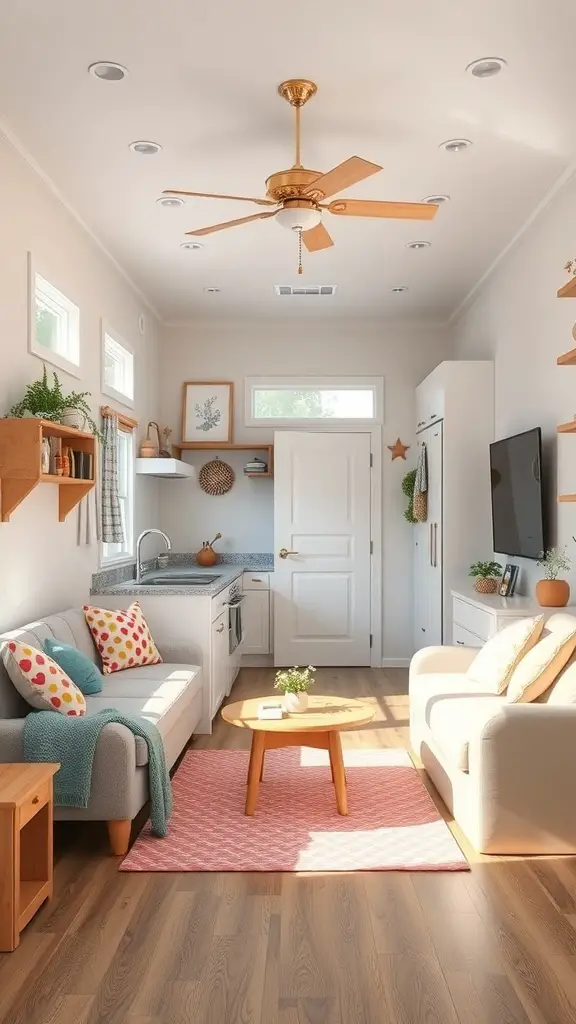Cozy mobile home interior with a family-friendly layout featuring a living area with a sofa, coffee table, and kitchen space.