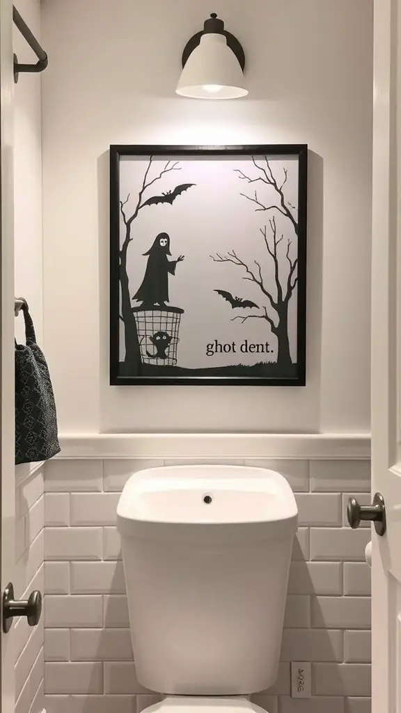 27+ Spooktacular Halloween Bathroom Decor Ideas 9 A bathroom with ghost-themed wall art featuring a ghost, bats, and trees.