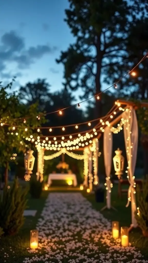 21+ Delightful Wedding Garden Party Ideas to Inspire Your Celebration 5 A beautifully lit garden pathway for a wedding party, featuring string lights, lanterns, and flower petals.