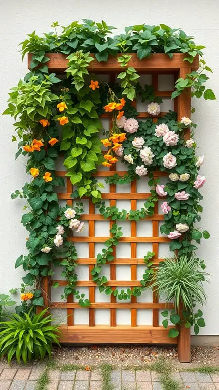 21 Creative Container Garden Ideas for Small Spaces 12 A wooden trellis covered with green climbing vines and colorful flowers.