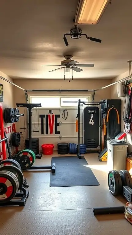 21+ Innovative Garage Layout Ideas You'll Love 6 A garage converted into a home gym with weights, a barbell, and workout equipment.