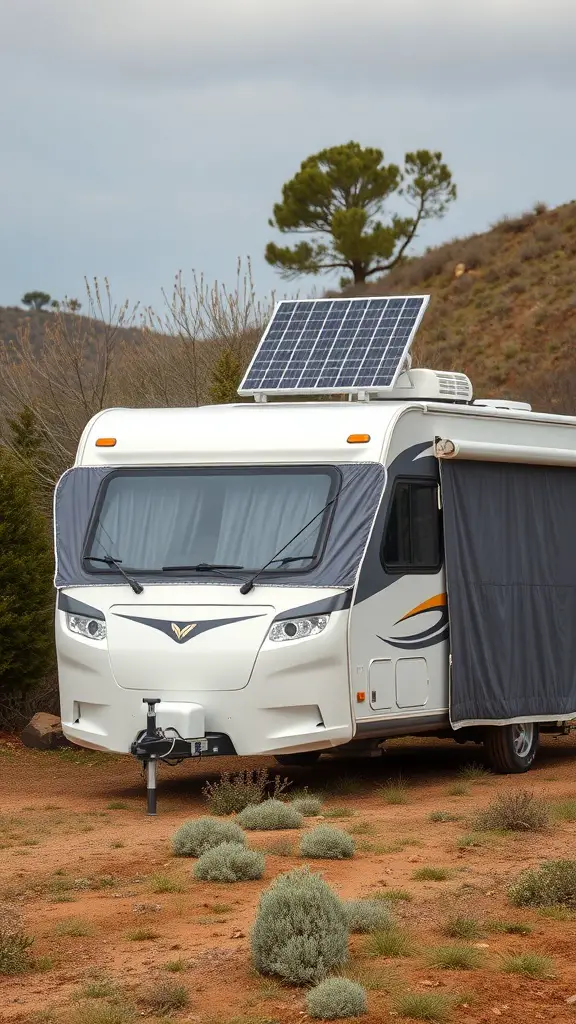15+ Stylish RV Covers with Deck Designs to Elevate Your Outdoor Space 15 An RV with solar panels parked in a natural setting