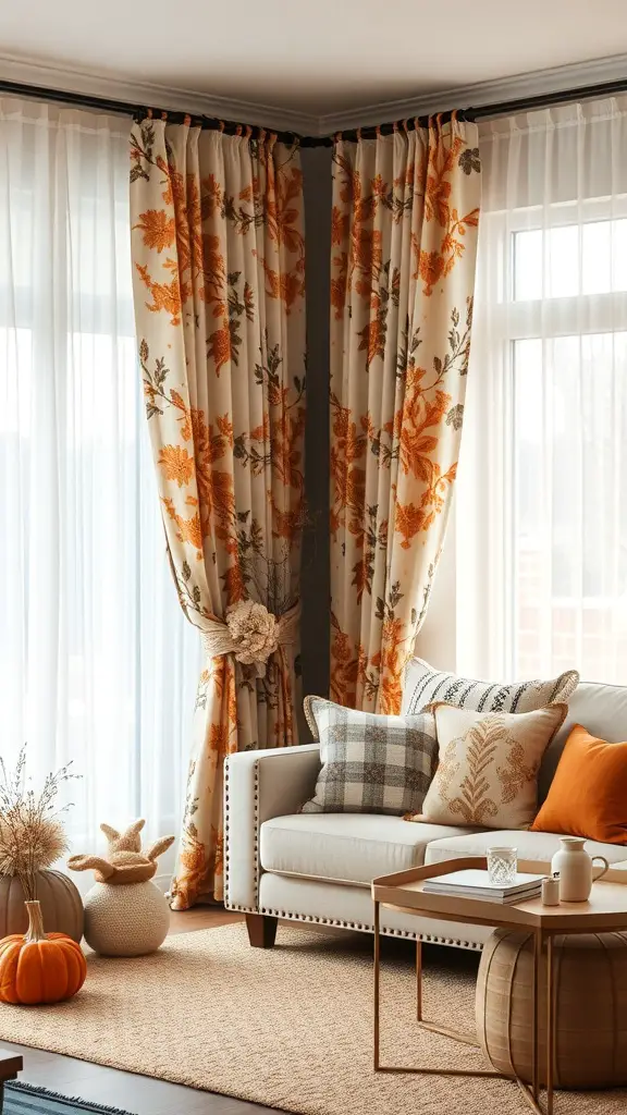 23+ Cozy Fall Living Room Decor Ideas to Transform Your Space 12 A cozy living room decorated for fall with patterned curtains, throw pillows, and pumpkins.