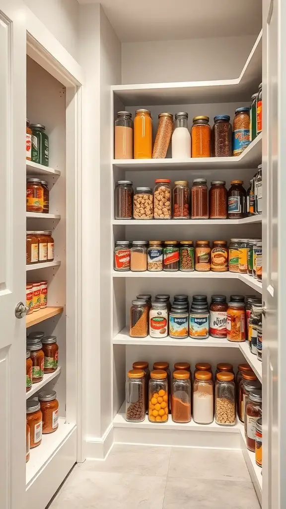 19+ Creative Small Corner Pantry Ideas to Maximize Your Space 6 A small corner pantry with multiple shelves filled with jars and containers, showcasing organized storage.