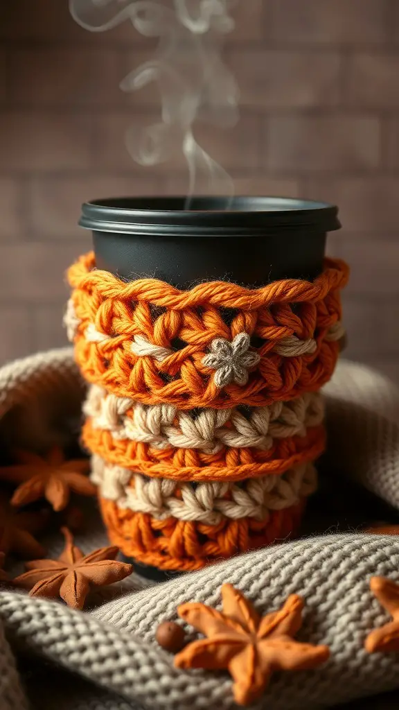 23+ Cozy Fall Crochet Ideas You’ll Love 9 A crochet cup cozy in orange and beige colors, wrapped around a black cup, with steam rising from it, surrounded by cozy knit fabric and star anise.
