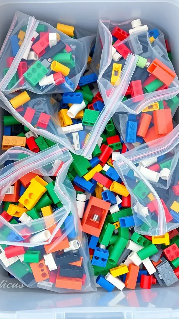 19+ Creative LEGO Organization Ideas for a Tidy Space 11 Clear plastic bags filled with colorful LEGO bricks organized in a container.