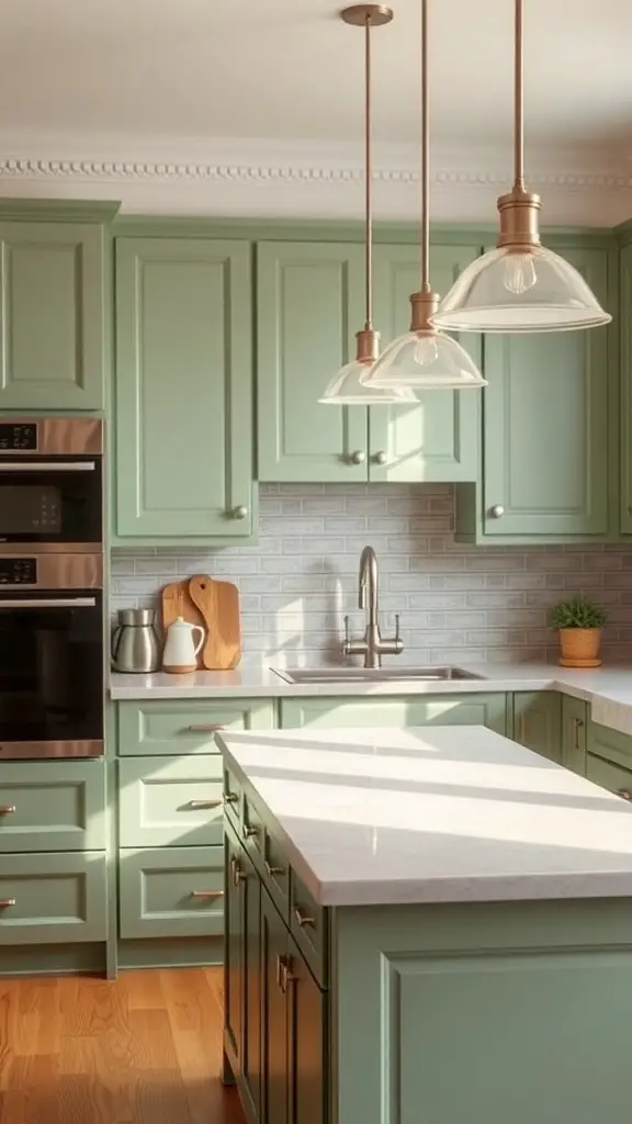 29+ Stunning Sage Green Kitchen Ideas to Transform Your Space 17 A sage green kitchen with pendant lighting and warm tones.