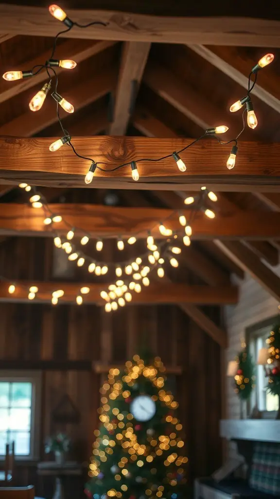 27+ Rustic Farmhouse Christmas Decor Ideas You’ll Love 17 Cozy rustic interior with string lights and a Christmas tree