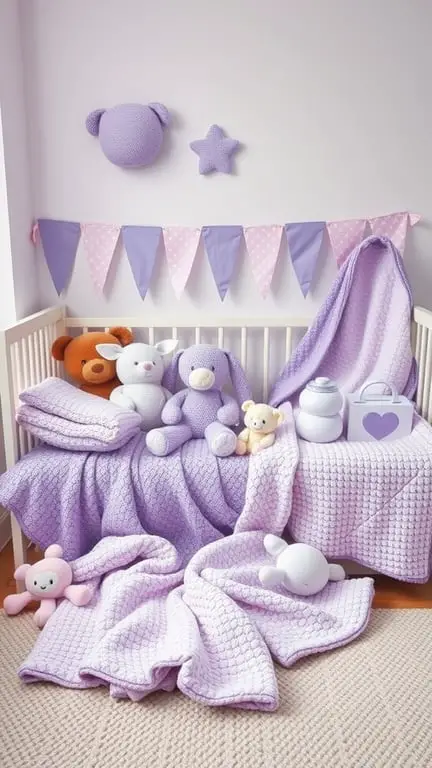 29+ Adorable Purple Nursery Ideas for Your Little One 16 A cozy nursery with purple blankets, plush toys, and decorative wall hangings.