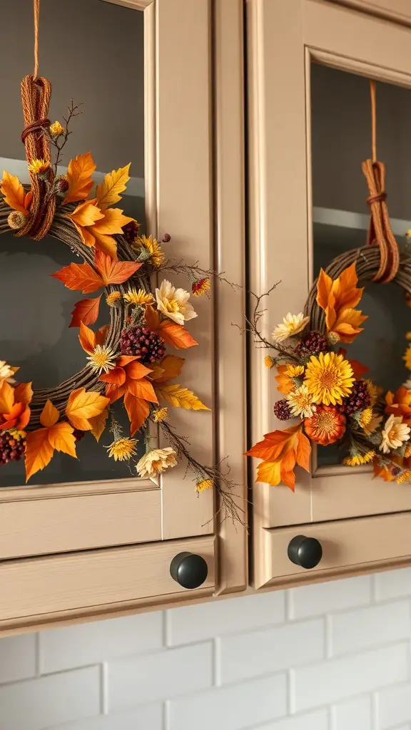 21+ Stunning Fall Kitchen Decor Ideas to Elevate Your Space 4 Two autumn wreaths with leaves and flowers hanging on kitchen cabinets.