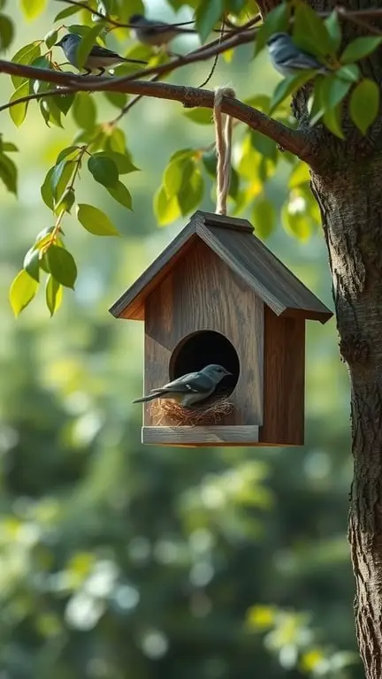 19+ Essential Tips for Creating a Bird-Friendly Garden 5 A wooden birdhouse hanging from a tree branch with a bird perched on the edge.