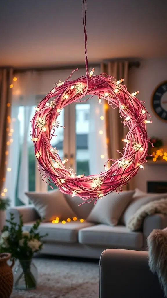 A pink Christmas wreath with fairy lights hanging in a cozy living room.