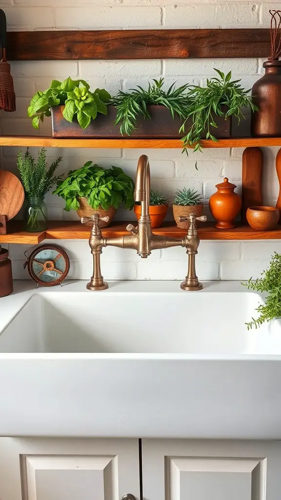 33+ Vintage Farmhouse Kitchen Ideas You'll Love 4 A farmhouse sink with vintage fixtures surrounded by herbs and rustic decor