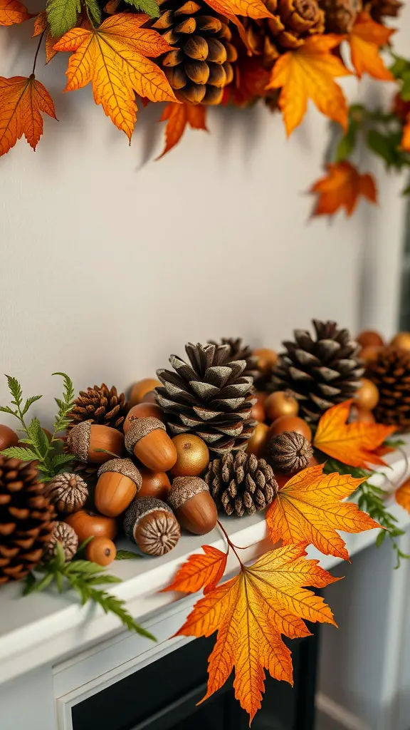 15 Stunning Fall Thanksgiving Decor Ideas You'll Love 4 A decorative arrangement of acorns, pinecones, and autumn leaves on a mantle.