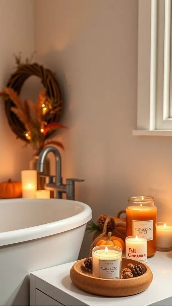 21+ Charming Fall Bathroom Decor Ideas to Transform Your Space 5 A cozy bathroom scene featuring seasonal scented candles, a wooden tray, and autumn decorations.
