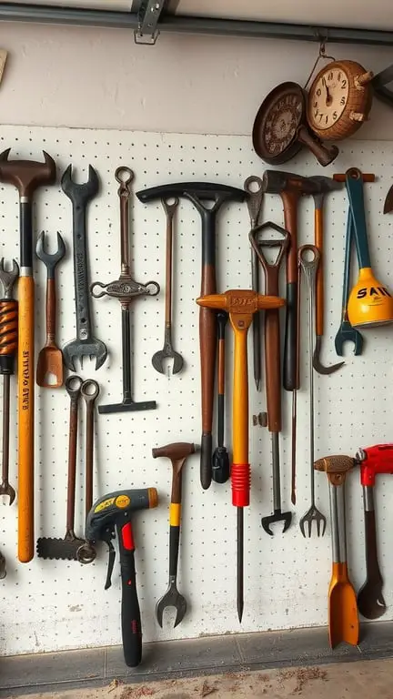 25+ Creative Garage Art Ideas to Transform Your Space 8 A collection of vintage tools displayed on a wall, featuring wrenches, hammers, and an old clock.
