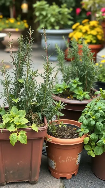 19+ Must-Grow Fall Garden Vegetables for a Bountiful Harvest 13 Potted herbs including rosemary and basil in a garden setting.