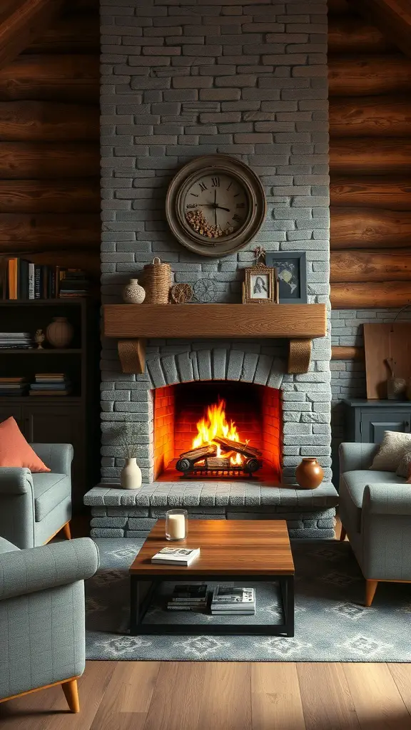 23+ Stunning Farmhouse Fireplace Decor Ideas to Transform Your Home 12 A cozy farmhouse living room featuring a brick fireplace with a wooden mantel, a clock, and comfortable seating.