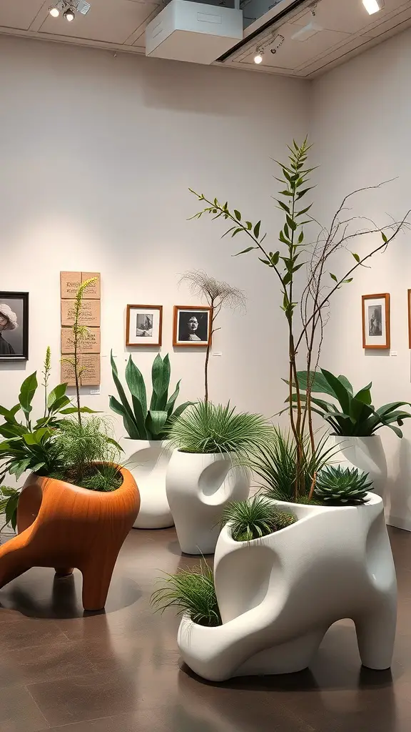 25+ Unique Plant Pot Designs You Need to Try 15 A collection of sculptural planters in an art gallery setting, featuring unique designs and various plants.