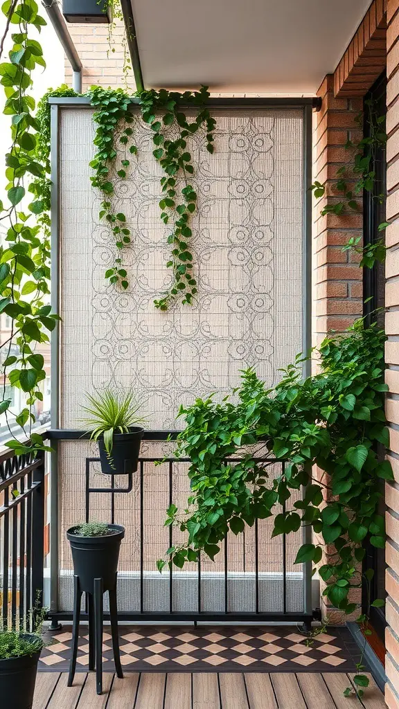 23+ Stylish Apartment Balcony Ideas for Your Outdoor Oasis 21 A balcony featuring a privacy screen with climbing plants, creating a cozy and green outdoor space.