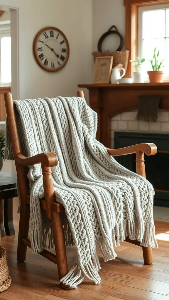 A cozy knit throw blanket draped over a wooden chair in a warm, inviting room.