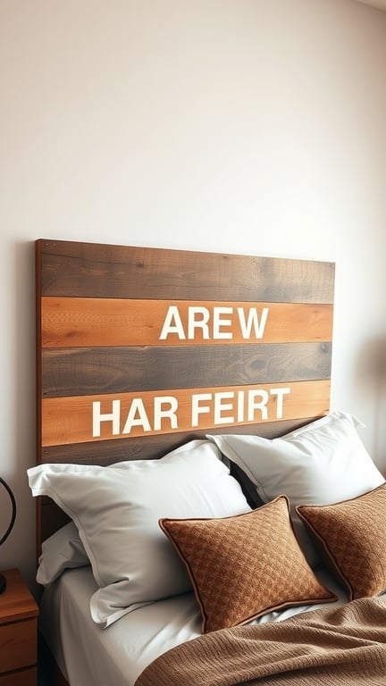 21+ Easy and Affordable DIY Headboard Ideas to Transform Your Bedroom 3 A reclaimed wood headboard with bold lettering, featuring a mix of dark and light wood planks.