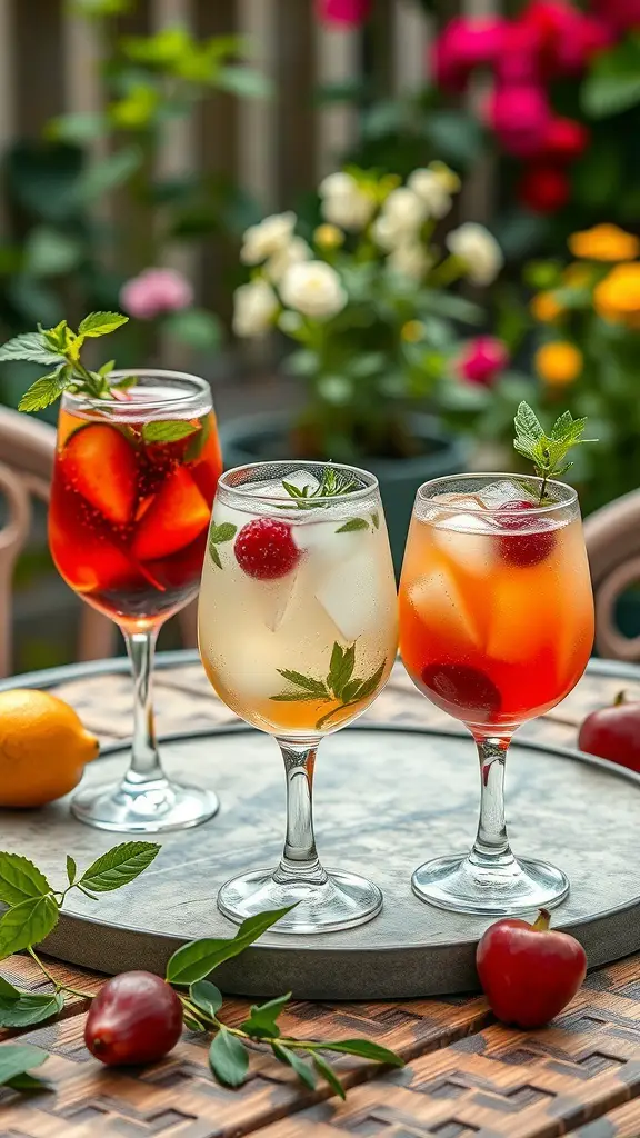 21+ Delightful Garden Tea Party Ideas for Your Next Event 17 Three colorful cocktails on a table surrounded by flowers