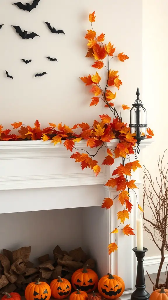 23+ Spooktacular Halloween Crochet Ideas You Need to Try 13 A crochet fall leaves garland with orange and yellow leaves, black bats on the wall, and pumpkins below.