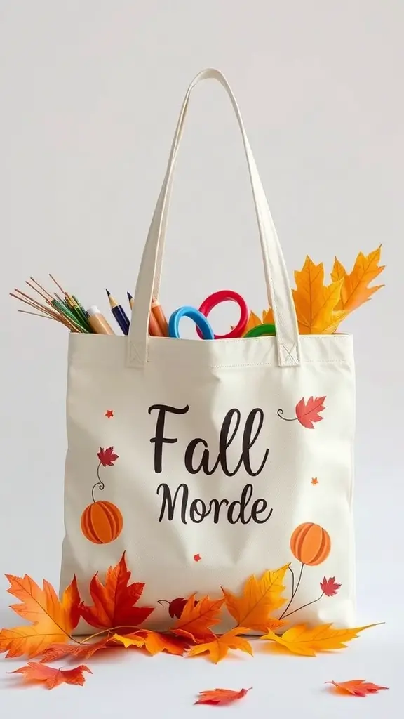 25+ Must-Try Fall Crafts for Adults 4 A cream-colored tote bag with 'Fall Mode' text, pumpkins, and autumn leaves, filled with art supplies.