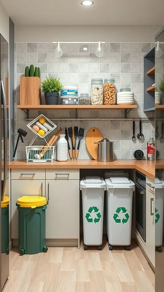 15+ Stunning Green Kitchen Designs You’ll Love 6 A modern kitchen with organized waste management solutions, featuring recycling bins and a compost bin.
